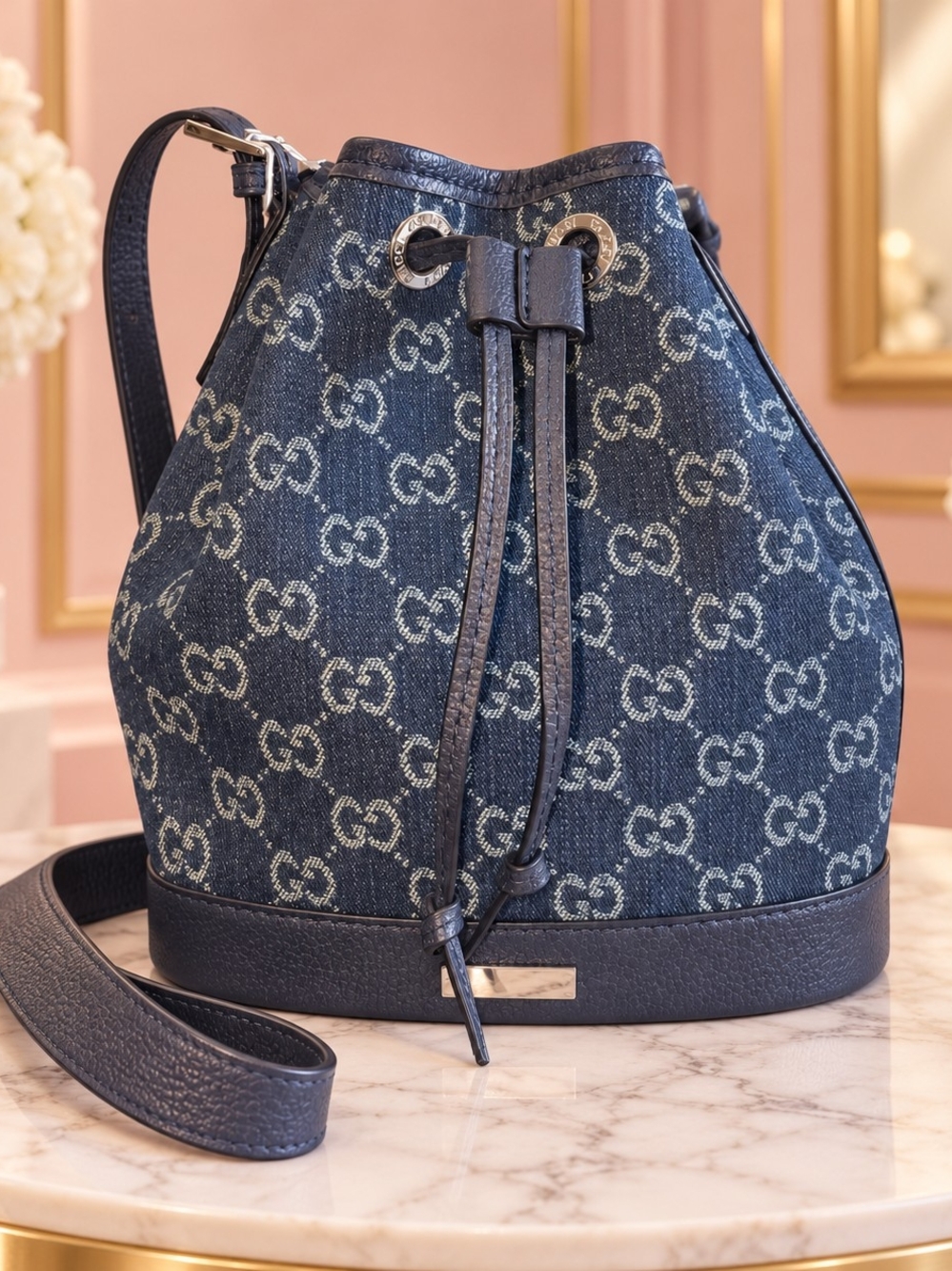 Navy GG Denim Drawstring Shoulder Bag